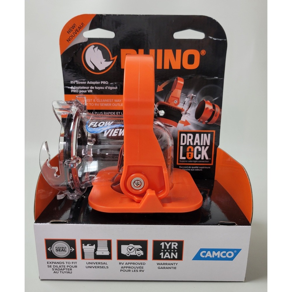 Camco Rhino RV Sewer Adapter PRO 39730 Drain Lock Flow View Clear Universal Fit